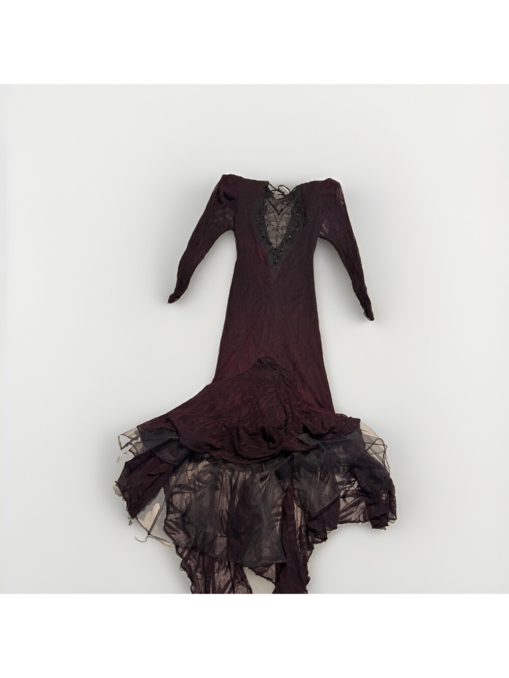 VTG 80s Climax Okada David Howard Dress Maroon Black Beaded Sheer Mesh Sz M PICS